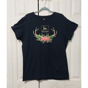 John Deere Womens T-Shirt XL Floral Roses Antlers Gold Sparkle Glitter Navy Blue